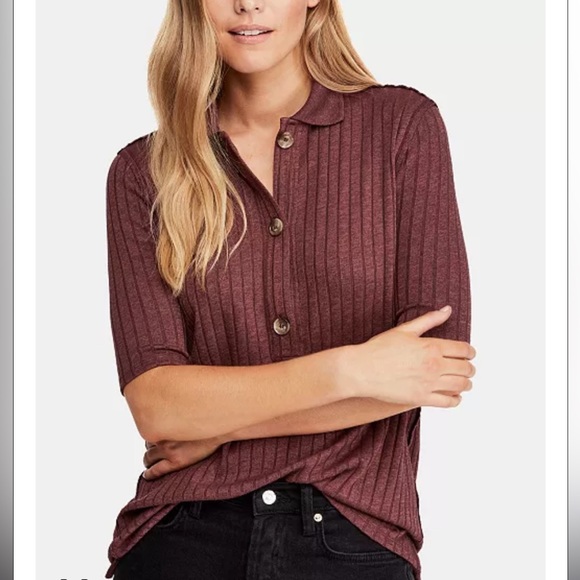 Free People Tops - Free People Knit Top Heart Strings Short Sleeve Ribbed Shirt Mahogany Size Small